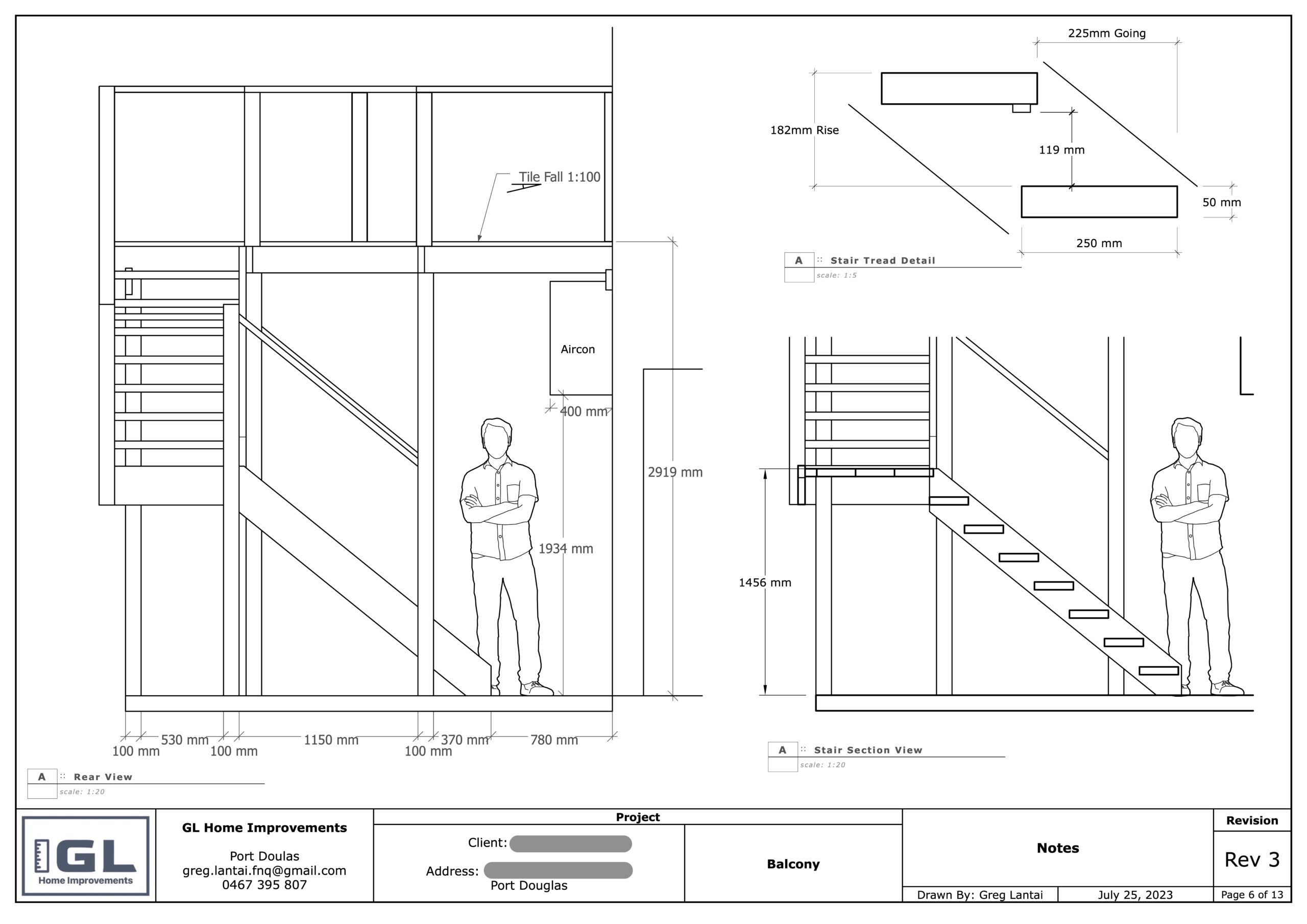 Architectural drawing of a balcony and staircase design by GL Home Improvements, featuring detailed measurements, structural elements, and a human figure for scale.